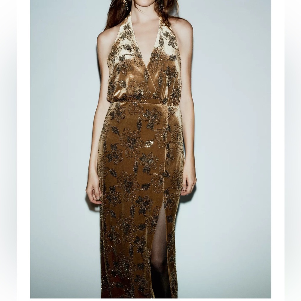 Zara NWT midi halter velvet and floral sequin dress - Picture 4 of 13